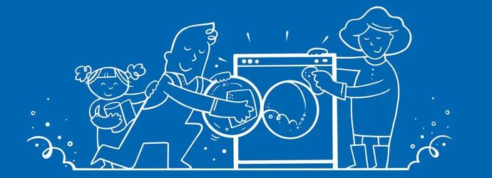 Família ilustrada a limpar a máquina de lavar roupa em conjunto