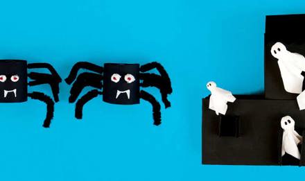 Trabalho manual de halloween em forma de aranha e casa assombrada com fantasmas feitos de caixas de lenços recicladas