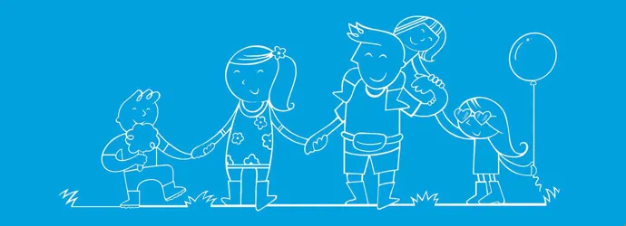 Família ilustrada num festival a segurarem as mãos uns dos outros com um balão e algodão doce