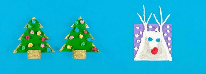 Cartões de natal diy feitos de cartão, papel de seda e glitter, em forma de árvores de natal e rena branca