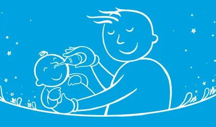 Papá dibujado con un bebé sonándole la nariz al bebé con un aspirador nasal