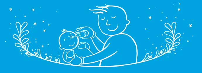 Papá dibujado con un bebé sonándole la nariz al bebé con un aspirador nasal